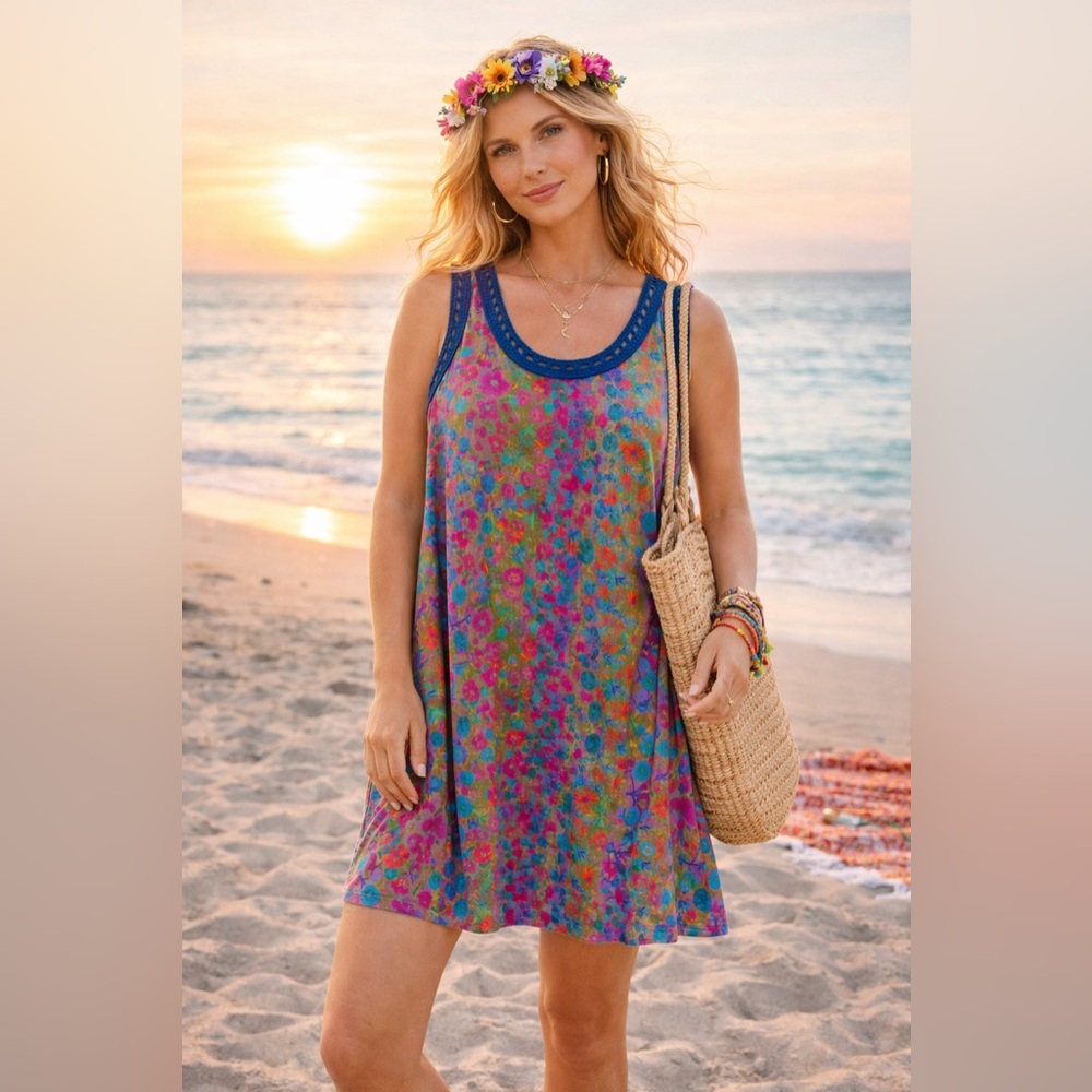 NATURAL LIFE Multicolor Floral Sleeveless Beach Coverup with Navy Trim